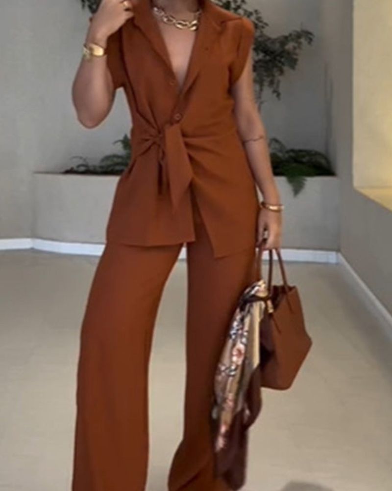 IVELE - Elegant Sleeveless Blouse and High Waisted Pants Set