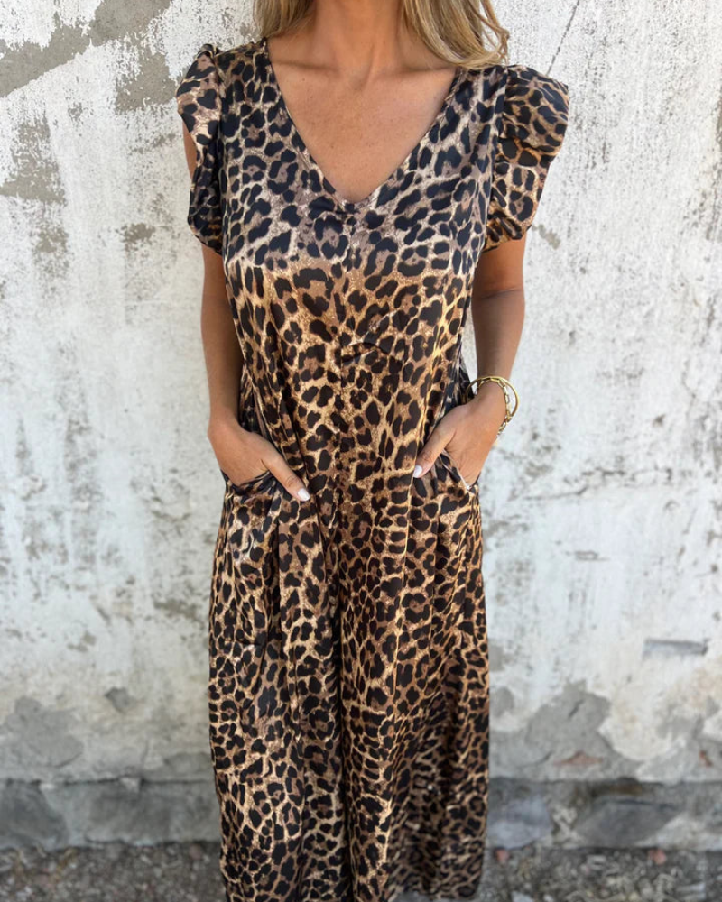 BOILIFE - LEOPARD PRINT V-NECK JUMPSUIT