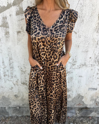 BOILIFE - LEOPARD PRINT V-NECK JUMPSUIT