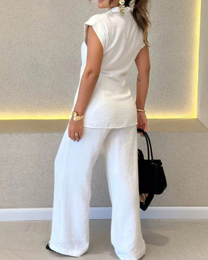 IVELE - Elegant Sleeveless Blouse and High Waisted Pants Set