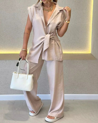 IVELE - Elegant Sleeveless Blouse and High Waisted Pants Set