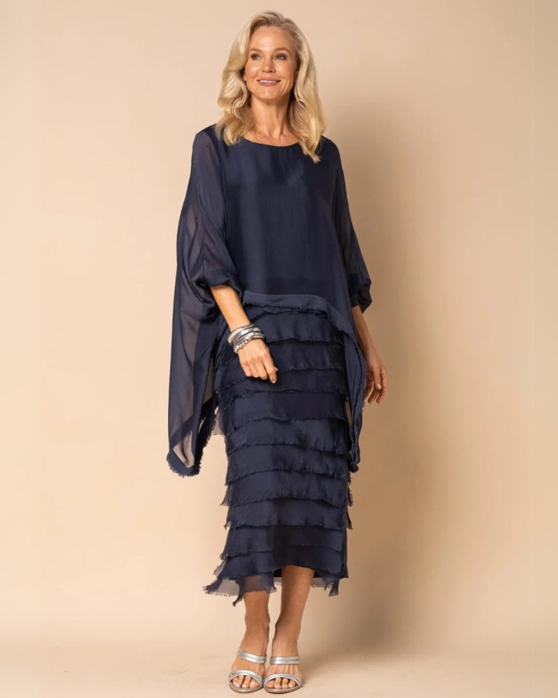 OREANA - Frayed Trim Tiered Midi Dress