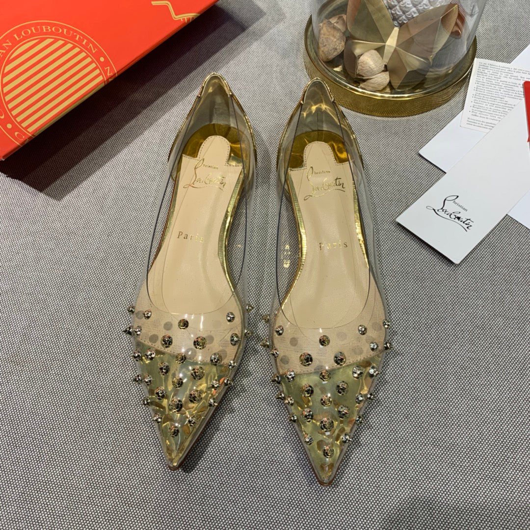 CL Collaclou Spike Clear Flat Embellished Pvc and Metallic Leather Gold