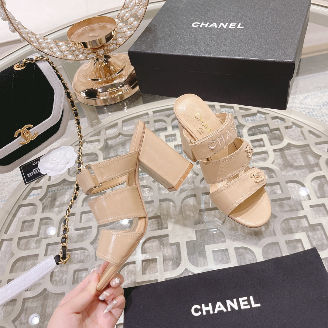 CC 25C Three Strap Sandal Mule High Heel Cream Sheepskin 213347