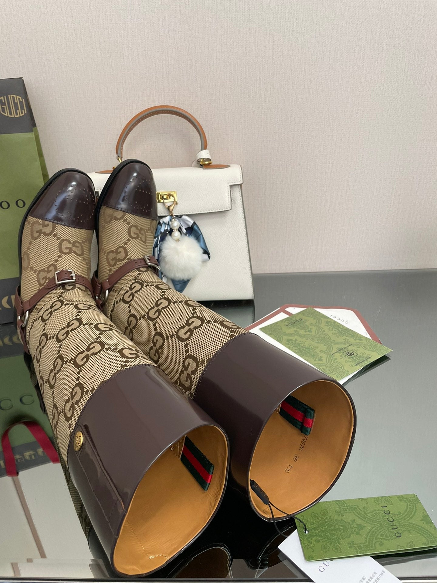 Gucci 2026 Boot Brown mix Beige Canvas Leather 911944