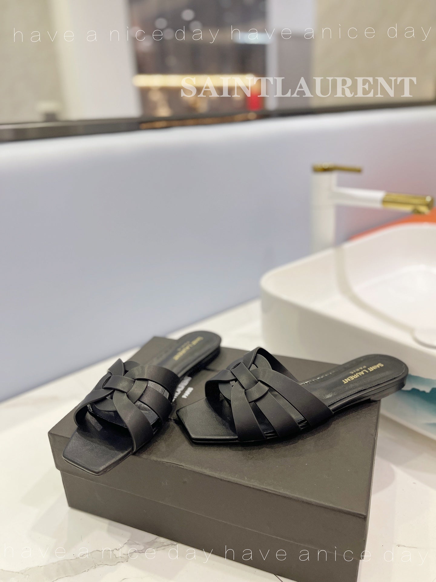 SL TRIBUTE SLIPPERS BLACK CALFSKIN