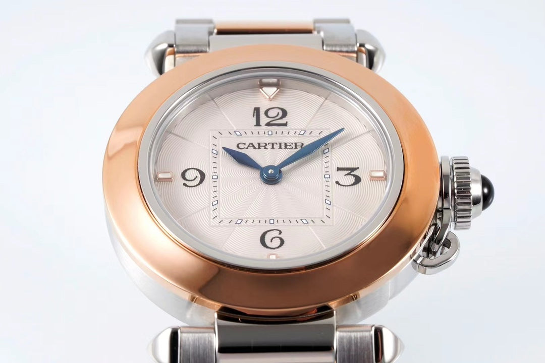 pasha 30mm quartz pink gold steel white dial