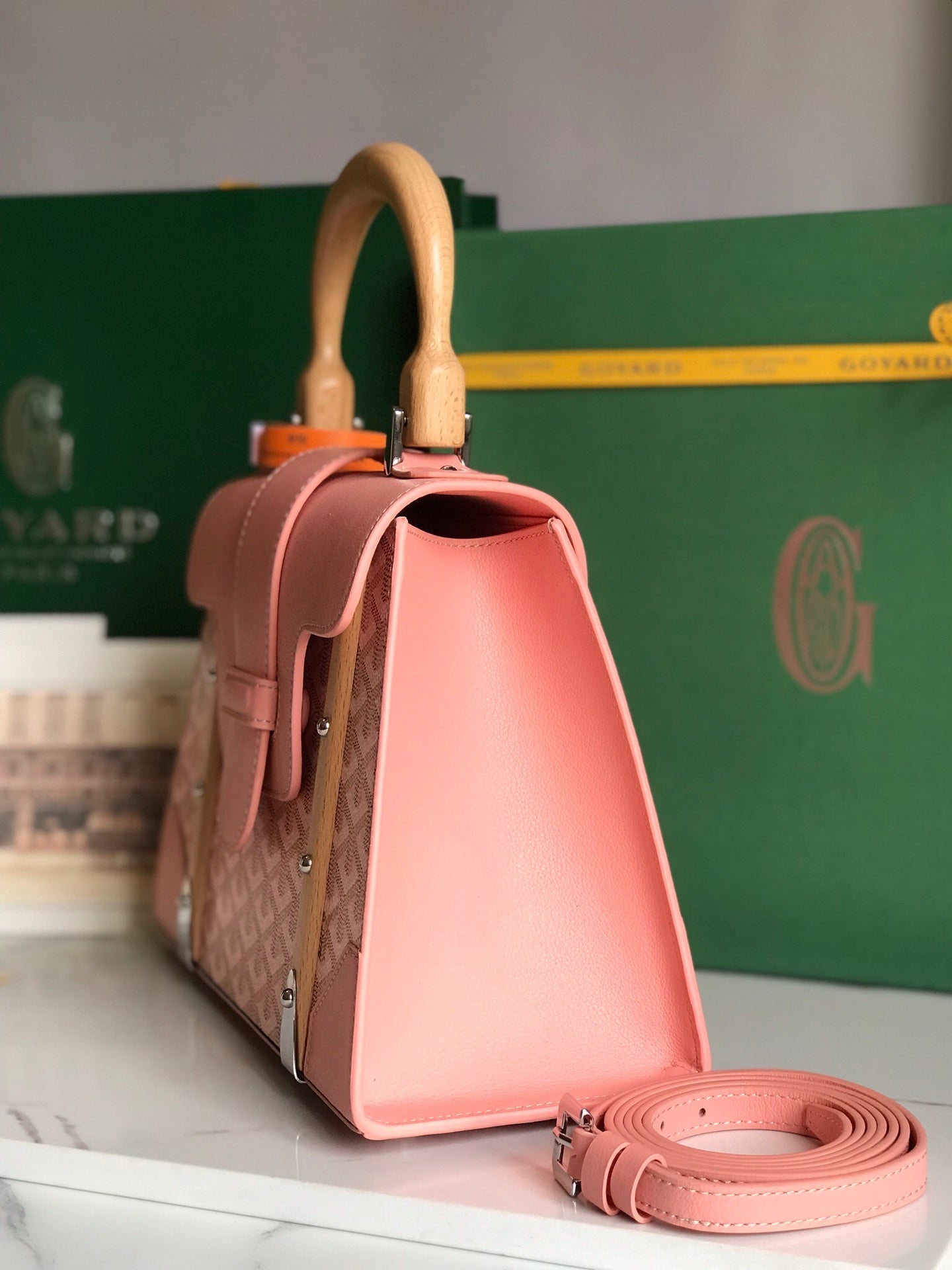 SAÃGON PM BAG 28 IN BABY PINK GOYARDINE CANVAS AND CALFSKIN
