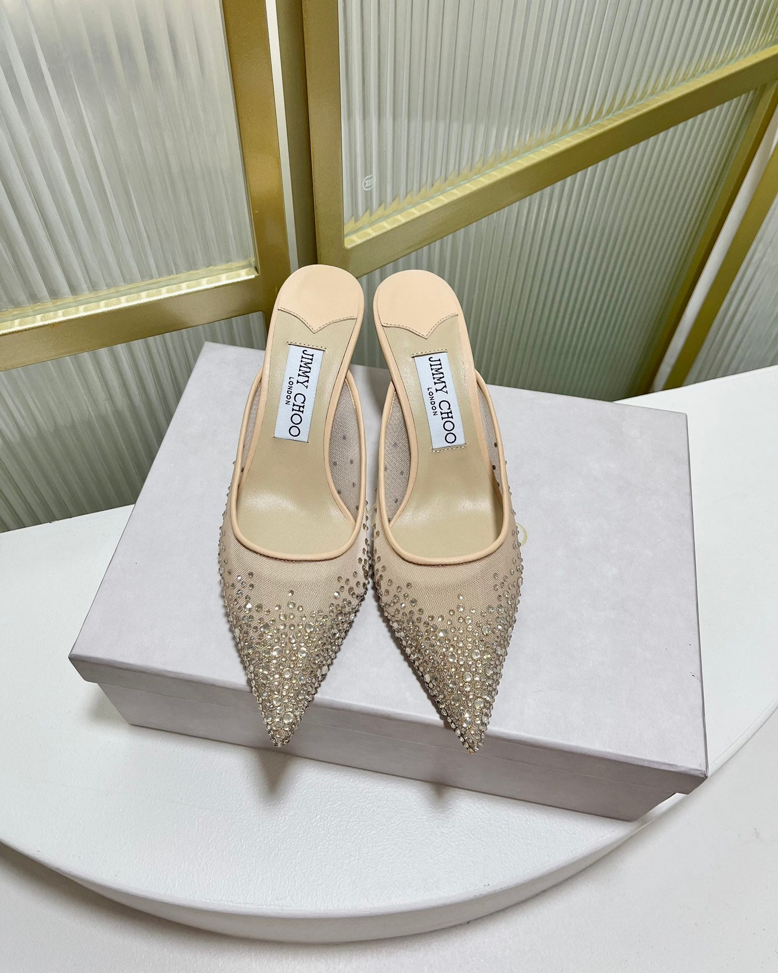 Jimmy Mule 65mm In Beige Mesh Fabric With Swarovski Crystal 597880