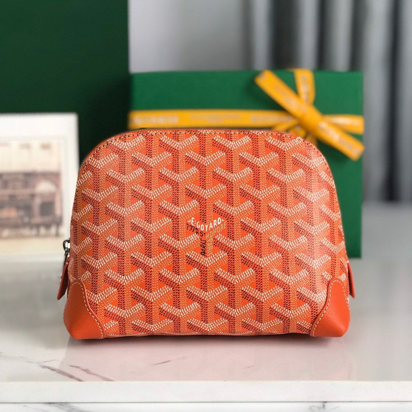 VENDÃ”ME COSMETIC POUCH 17 IN ORANGE GOYARDINE CANVAS AND CALFSKIN TRIM