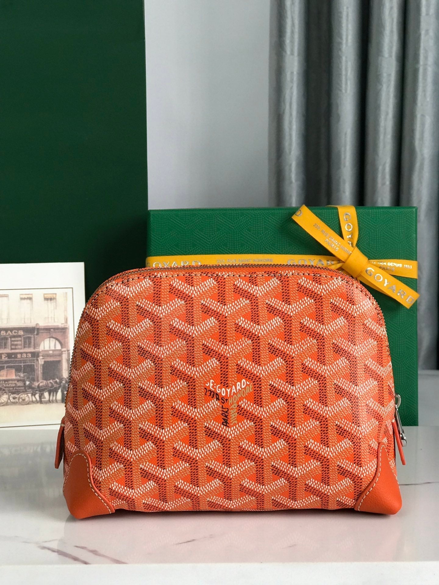 VENDÃ”ME COSMETIC POUCH 17 IN ORANGE GOYARDINE CANVAS AND CALFSKIN TRIM