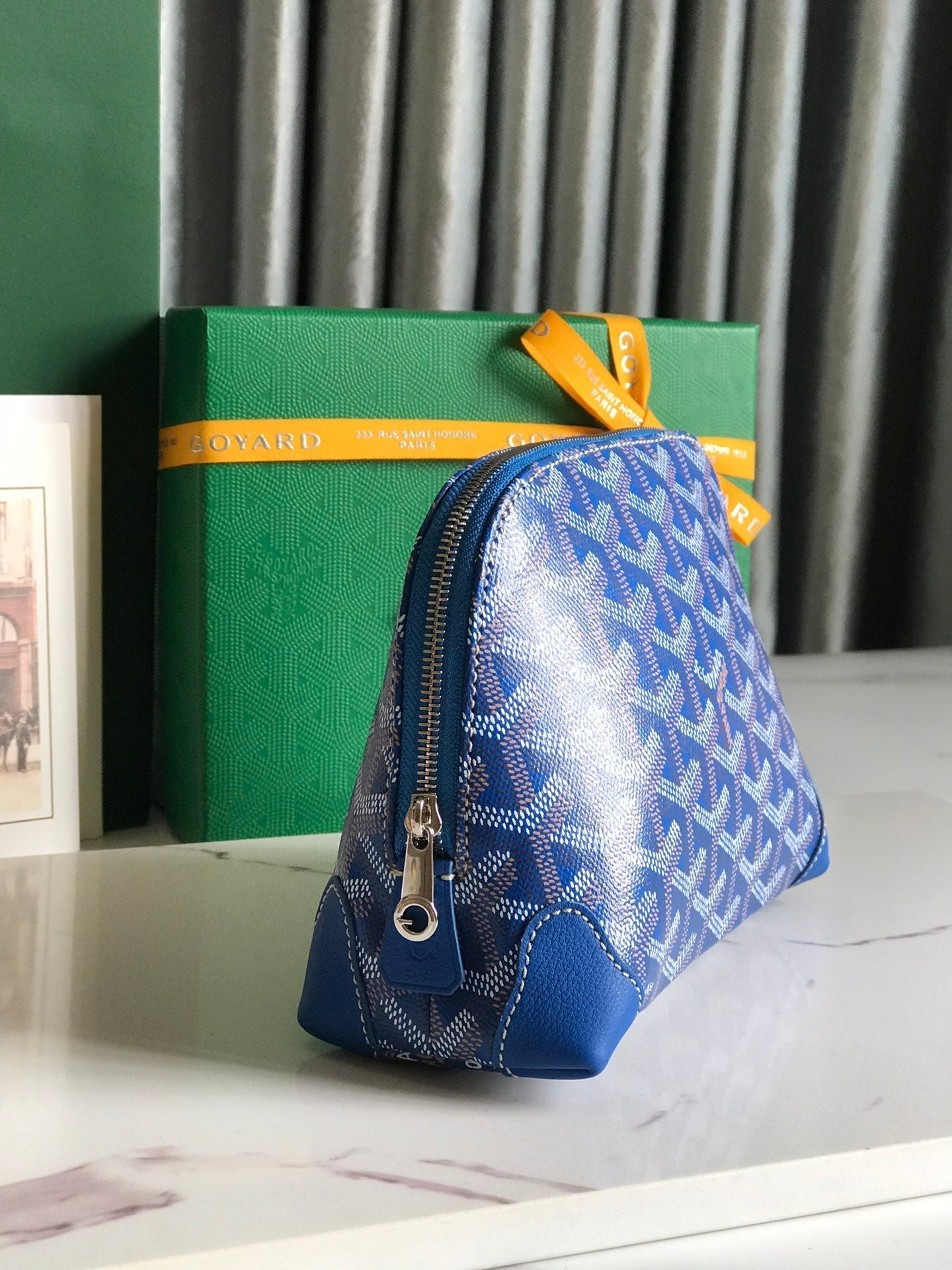VENDÃ”ME COSMETIC POUCH 17 IN SAPPHIRE BLUE GOYARDINE CANVAS AND CALFSKIN TRIM