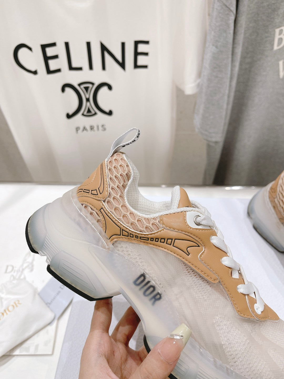 CD Vibe Sneaker White Beige Brown Polyester Mesh Fabric And Lambskin