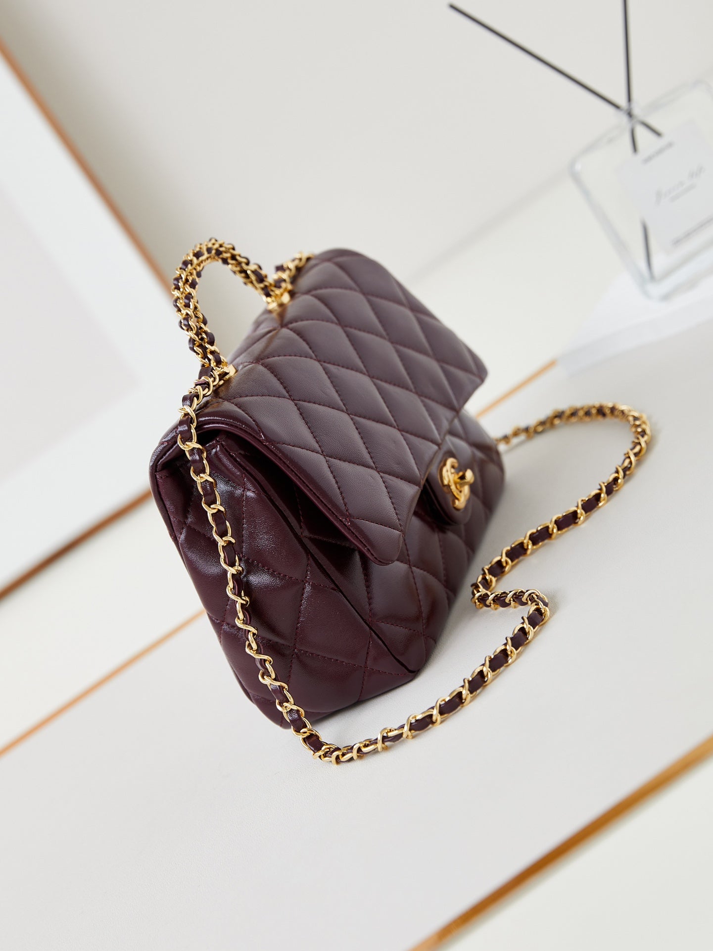 CC Flap Bag With Top Handle 25cm Wine Red Sheepskin Gold Hardware 238481