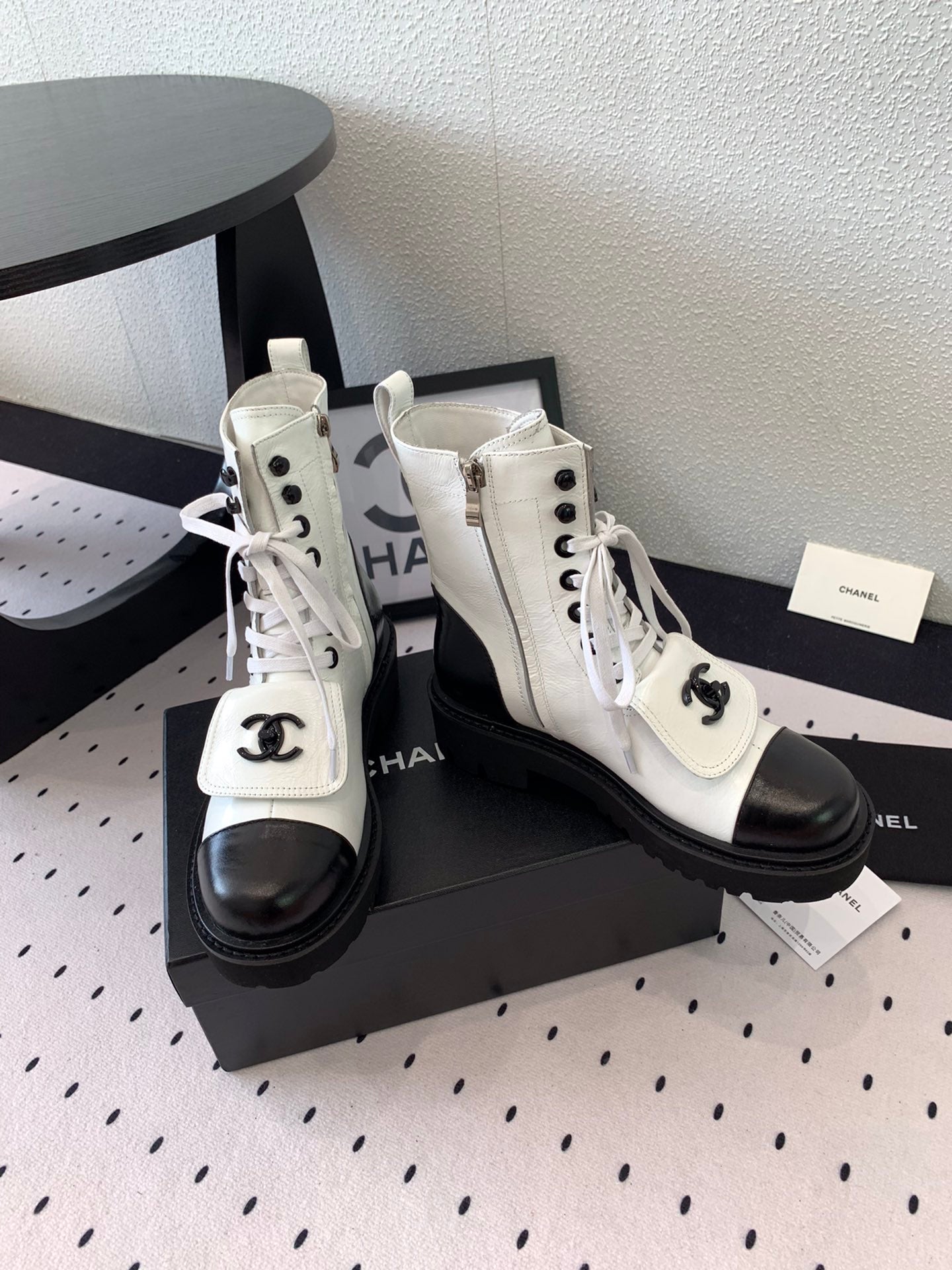 CC Short Boots In White Mix Black Logo Print Lambskin 938060