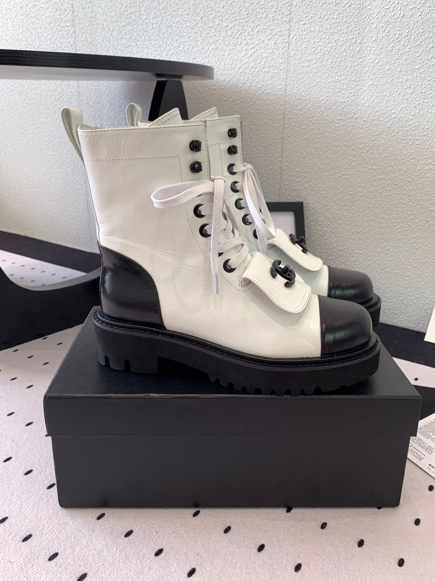 CC Short Boots In White Mix Black Logo Print Lambskin 938060