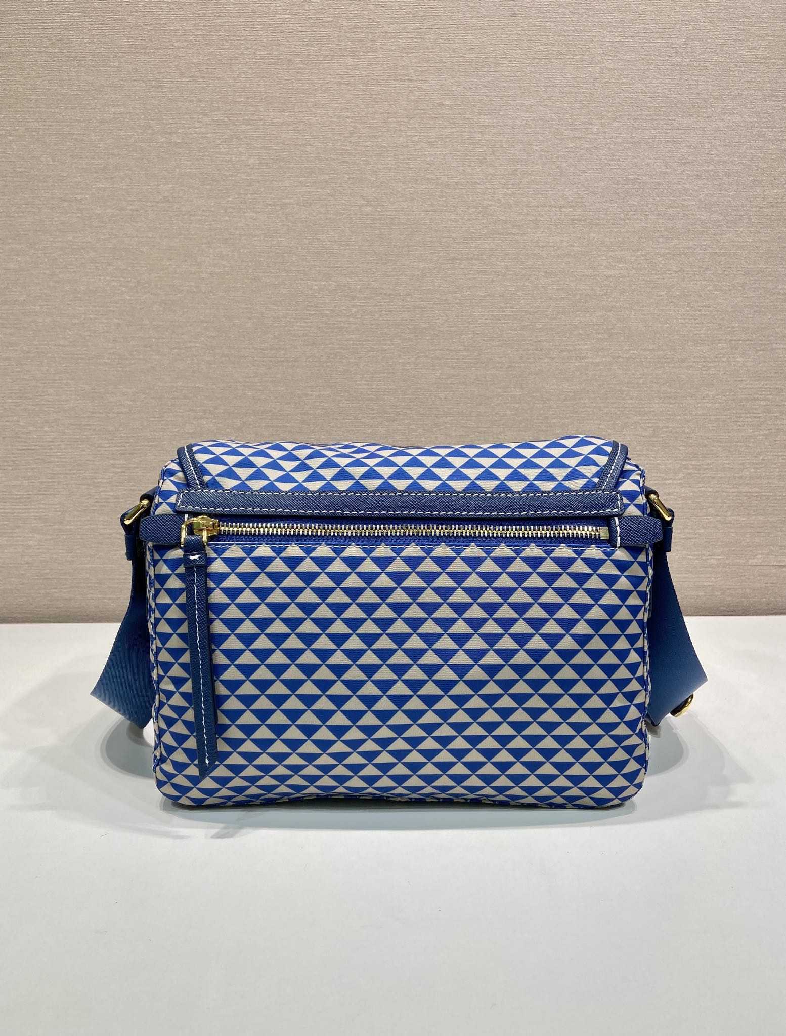 MESSENGER BAG 25 IN BLUE MIX WHITE TRIANGLE PATTERN EMBROIDERED FABRIC