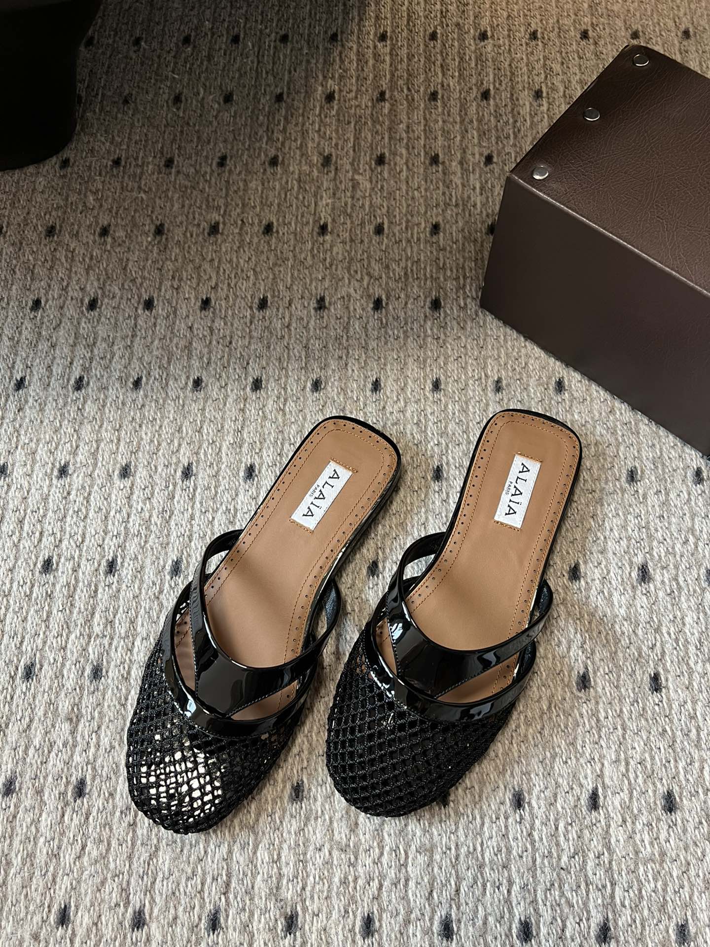 Alaia 25 Infradito Fishnet Flat Mules Black Lampskin 303708