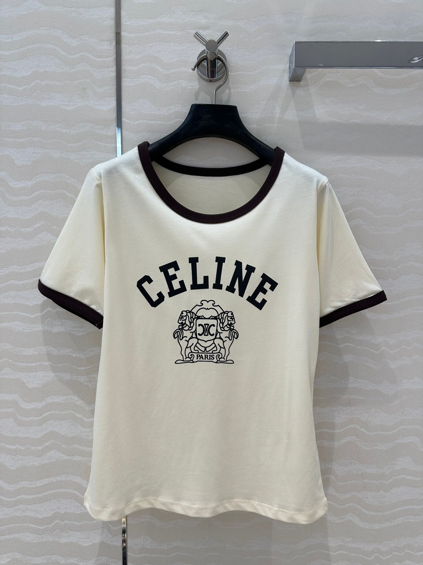 Celine 25 Arc de Triomphe Letter Short Sleeve T-shirt Cream mix Black Cotton