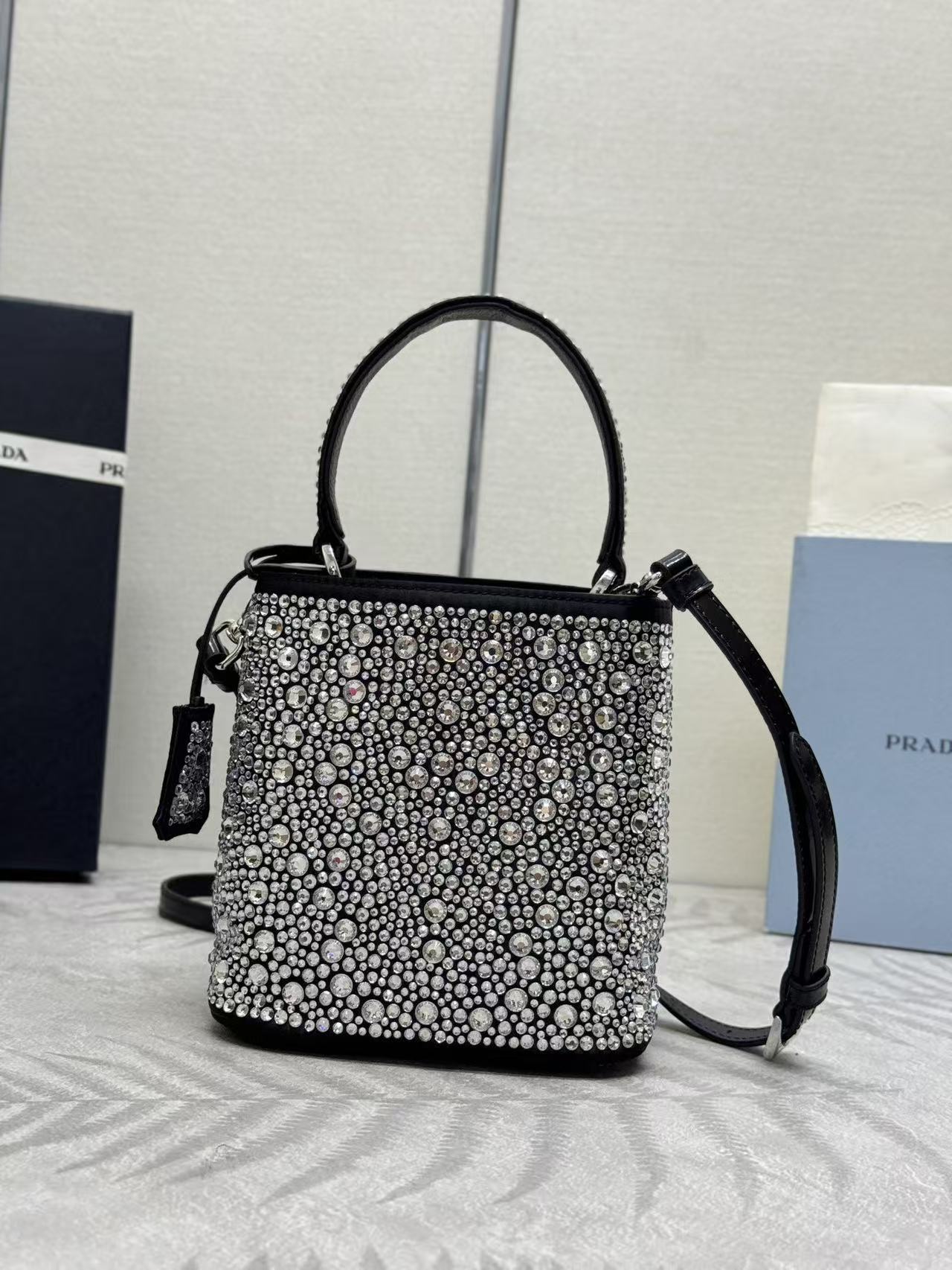 Prada Panier  Bag Black White Crystal-embellished Leather