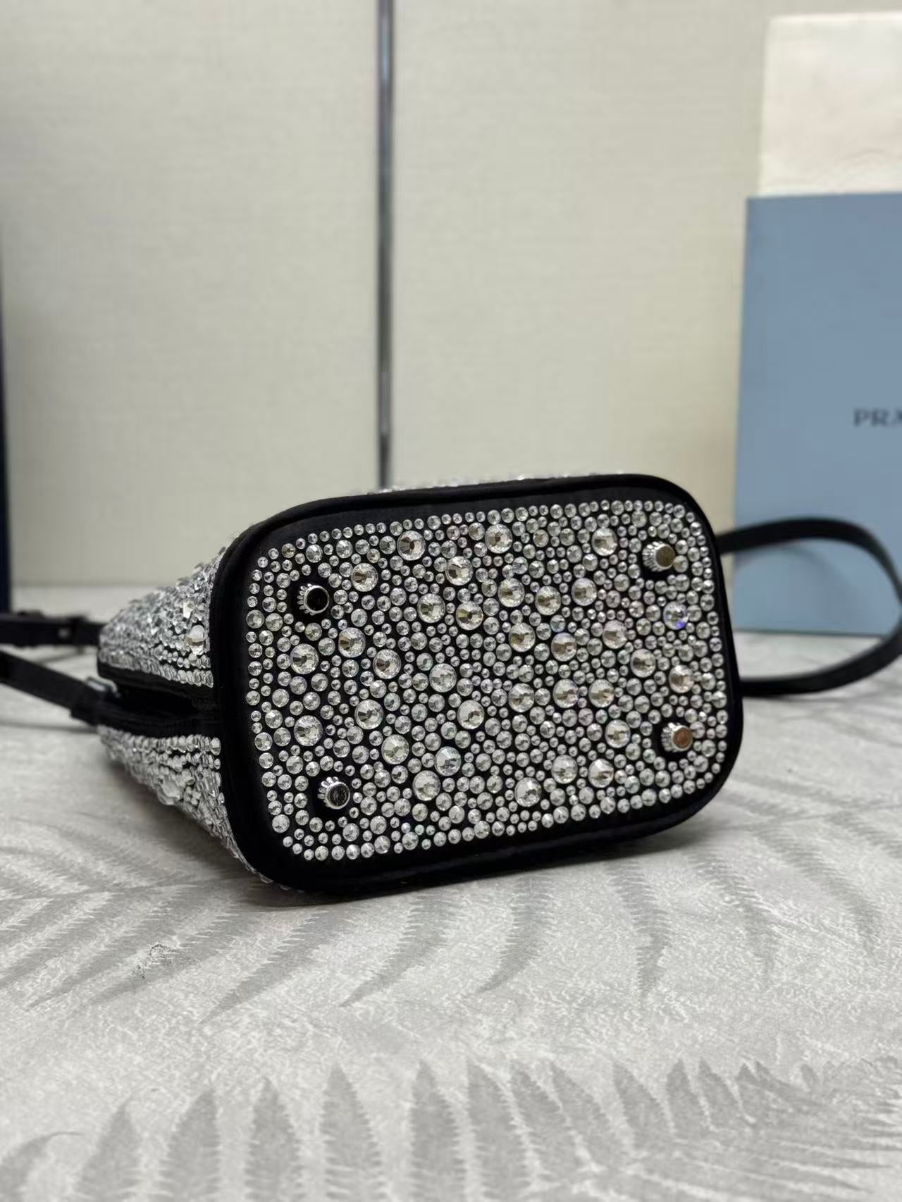 Prada Panier  Bag Black White Crystal-embellished Leather