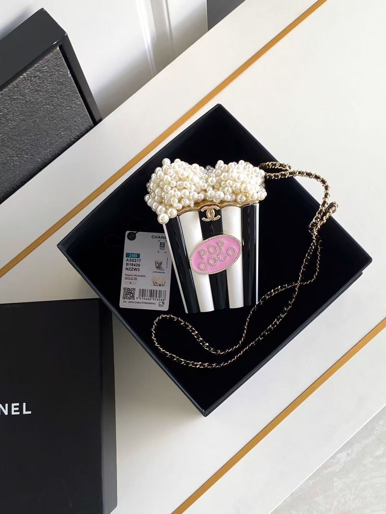 Chanel 25 Popcorn Minaudière Bag Black White Pink Resin