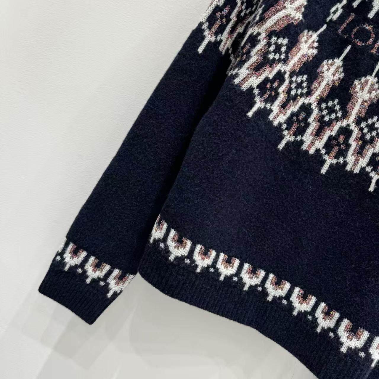 Loewe 2025 Sequin-embellished Fair Isle Wool-blend Navy Blue Sweater