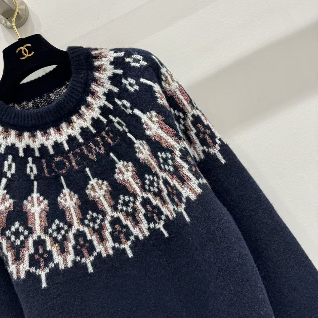 Loewe 2025 Sequin-embellished Fair Isle Wool-blend Navy Blue Sweater