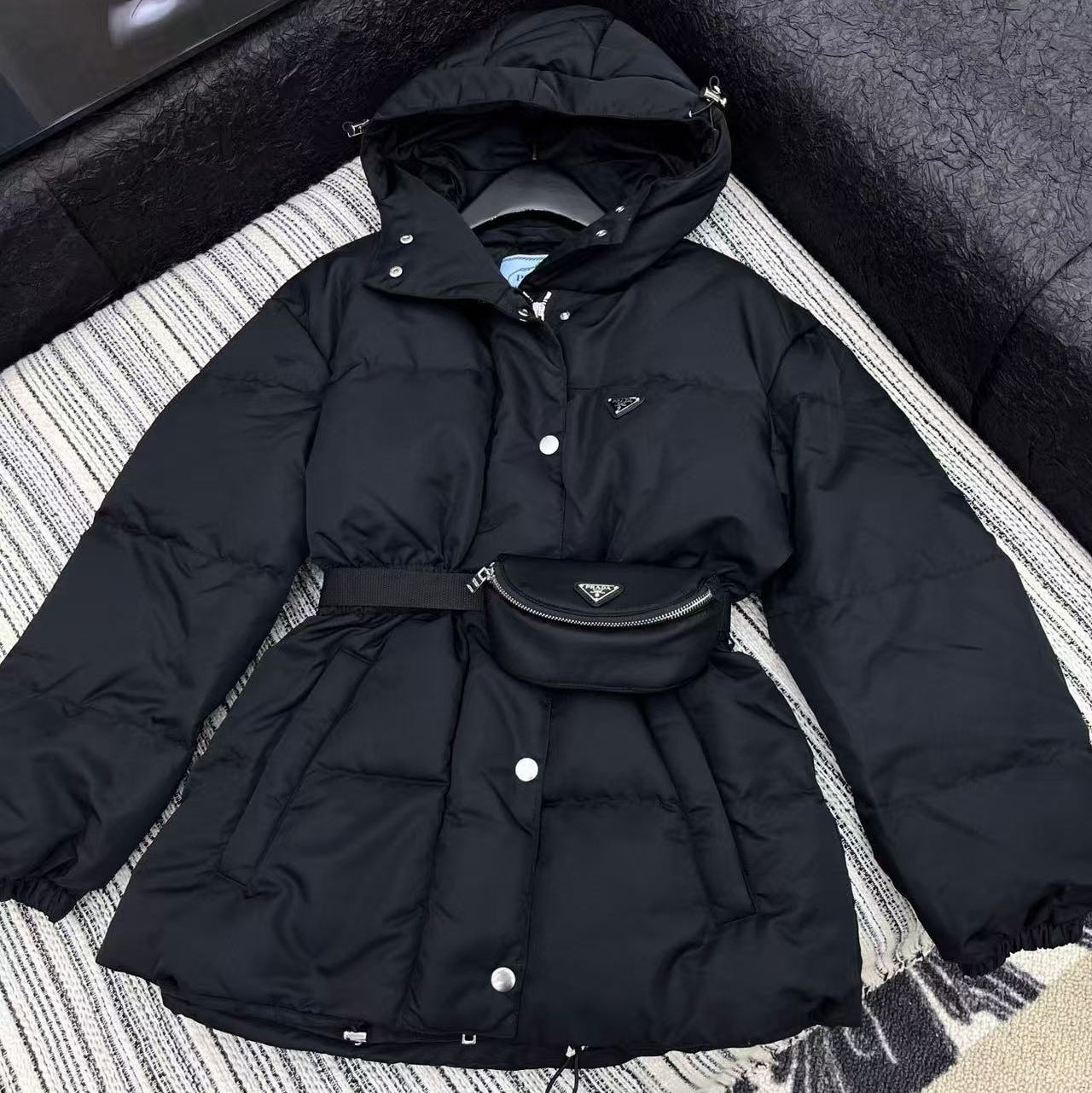 Prada 2025 Belted Jacket Black Down Re-Nylon