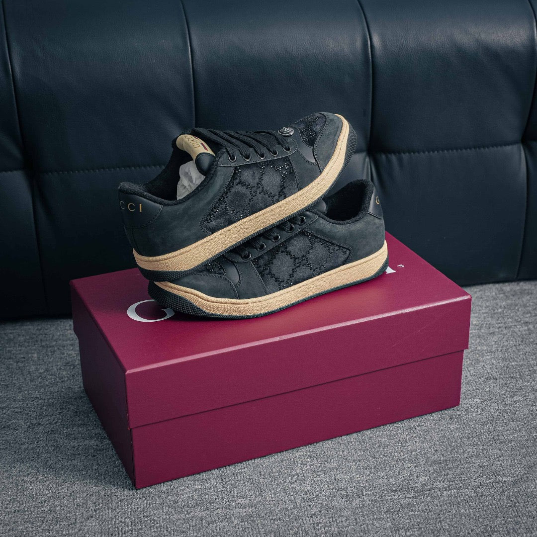 Gucci 2025 Crystal Screener Sneaker Black Velvet Leather