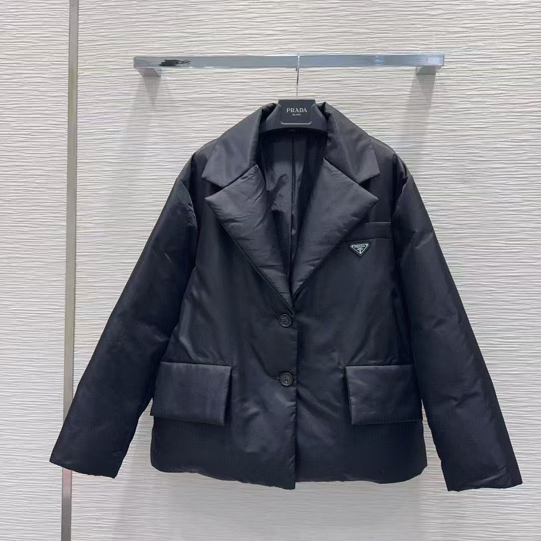 Prada 2025 Re-Nylon Down Jacket With Wide Lapels And A Belt