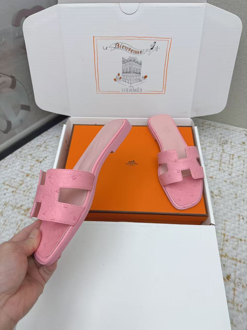 HM 2025 Oran Sandal Pink Ostrich Embossed Calfskin
