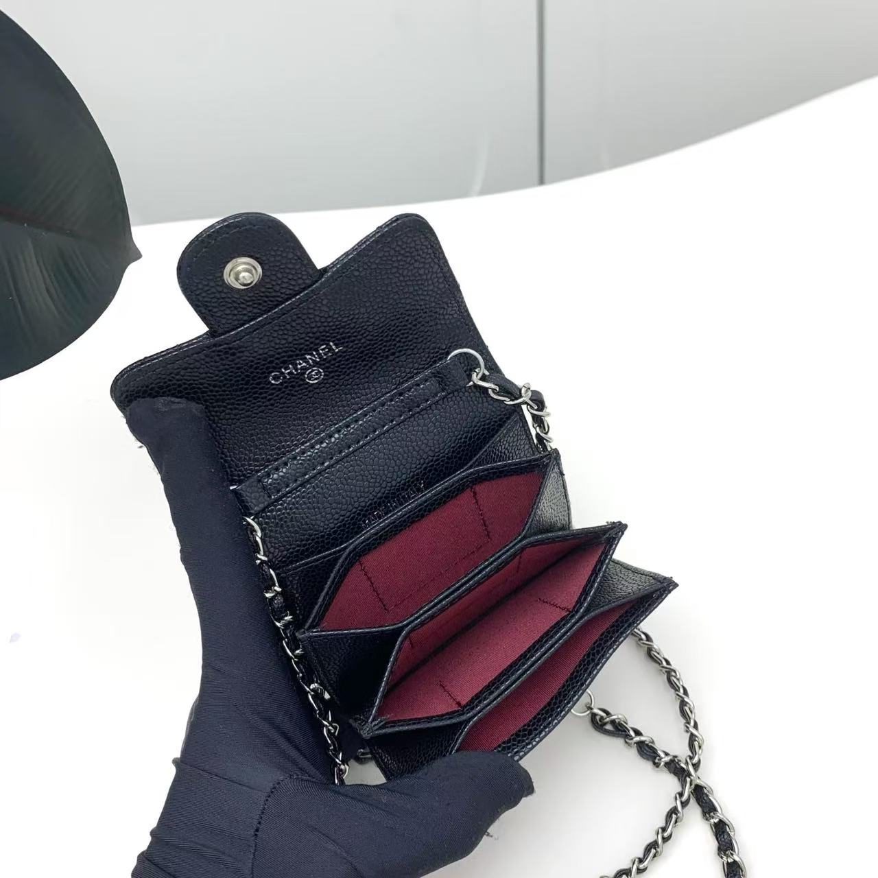 Chanel 2026 Quilted Flap Card Holder with Chain Black Caviar Leather