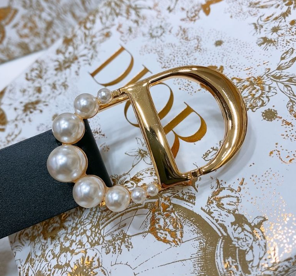Dior Montaigne Belt Black Smooth Calfskin and White Resin Pearls