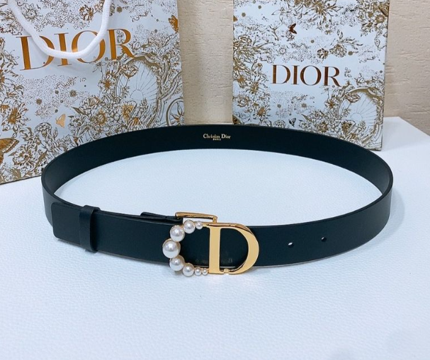Dior Montaigne Belt Black Smooth Calfskin and White Resin Pearls
