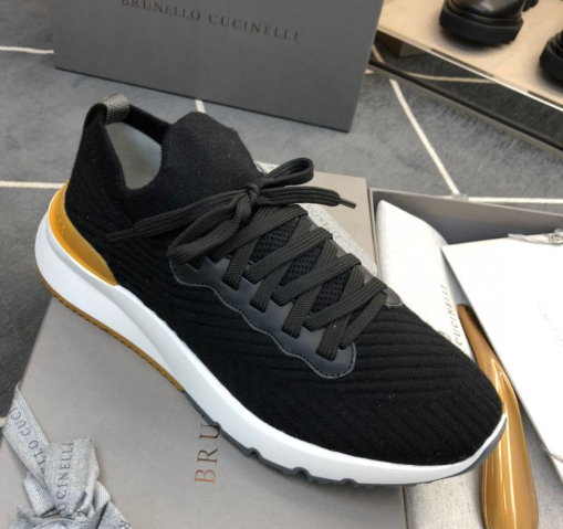 Brunello Cucinelli 2025 Low-top Knitted Sneakers Black Leather Fabric