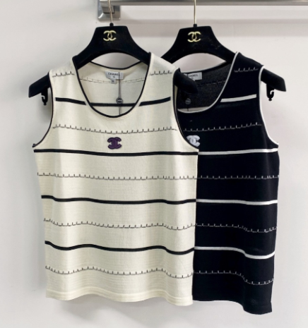 Chanel 2026 Black And White Striped Knit Tank Top Wool Cashmere