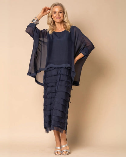 OREANA - Frayed Trim Tiered Midi Dress