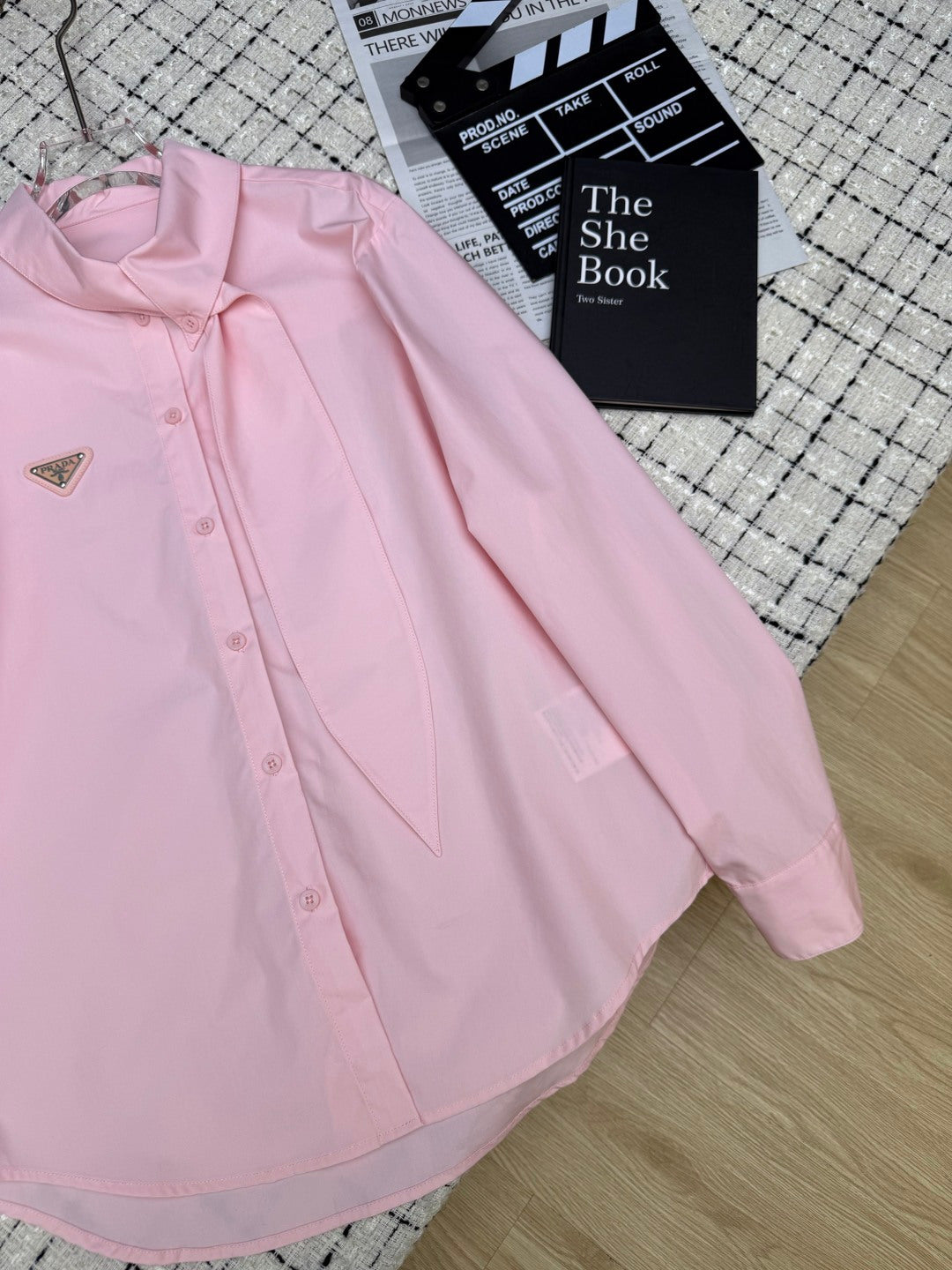 Prada 2026 Triangle Logo Tie-up Top White and Pink Cotton 132431