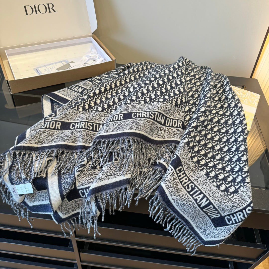 CD Jacquard Logo Scarf 140CM Dark Blue Wool Cashmere. 293334