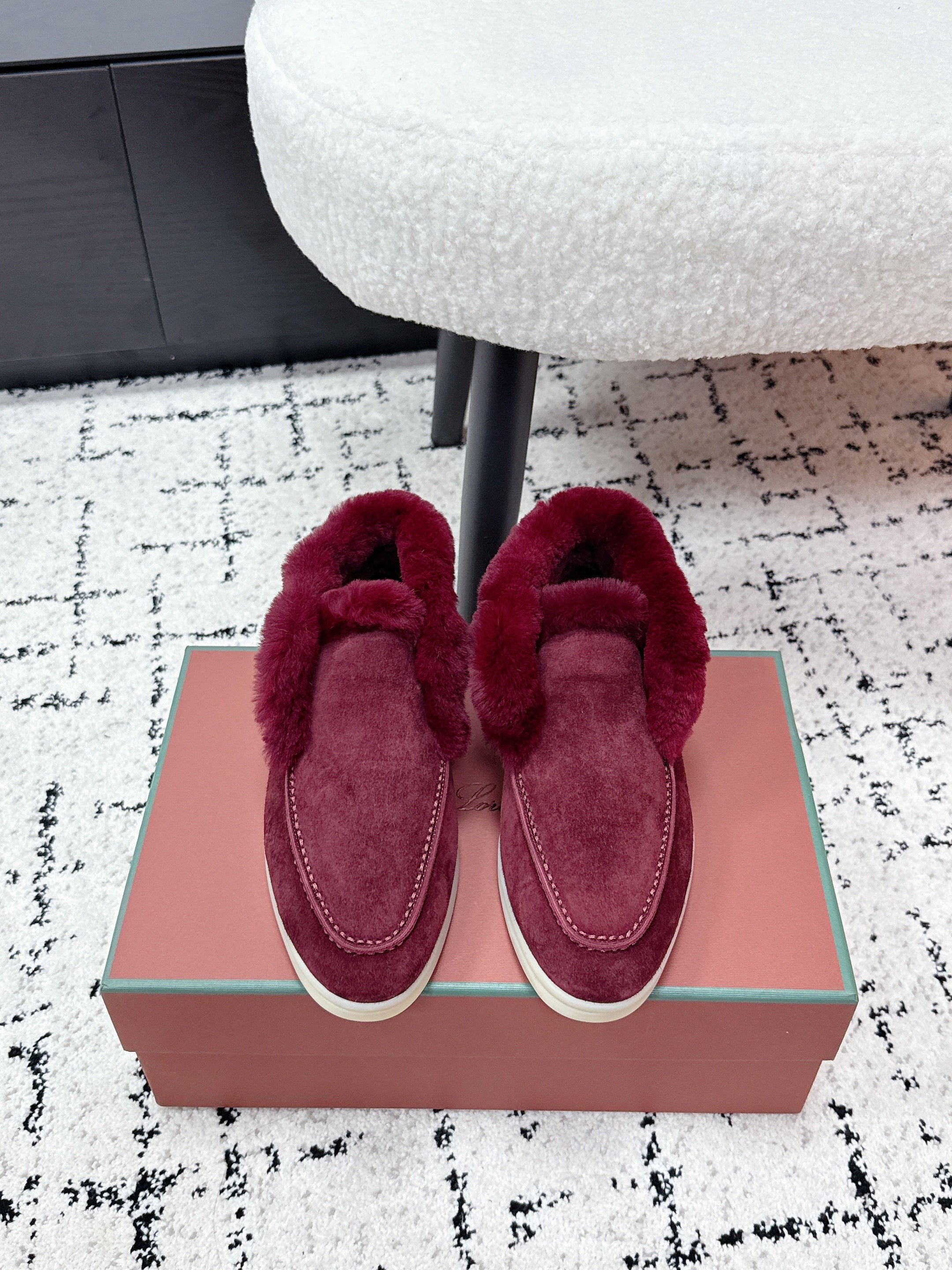 LP 26SS Open Walk Ankle Boot Burgundy Suede Fur 617383