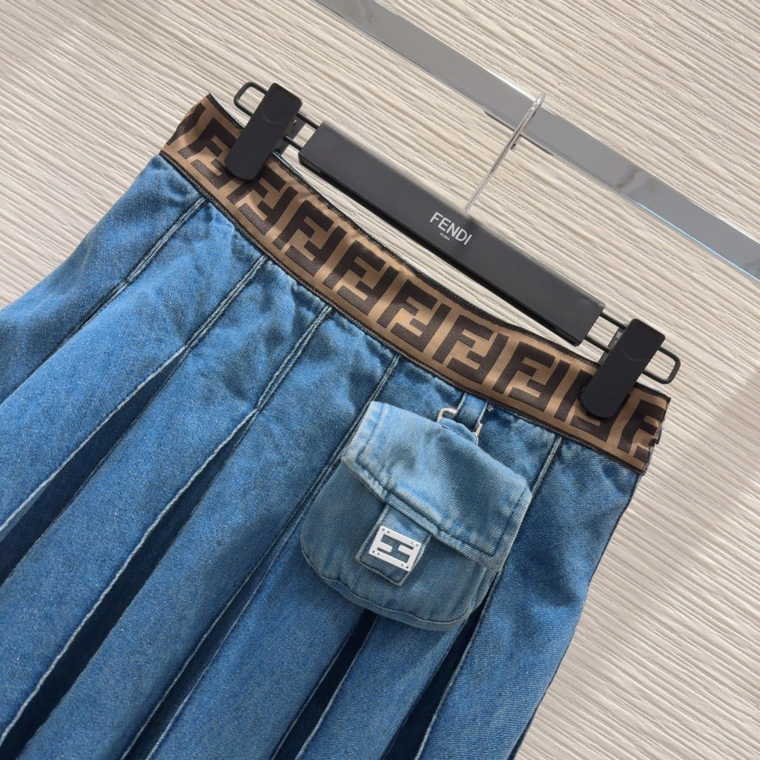 Fendi 2025 Pleated Denim Skirt Blue Cotton