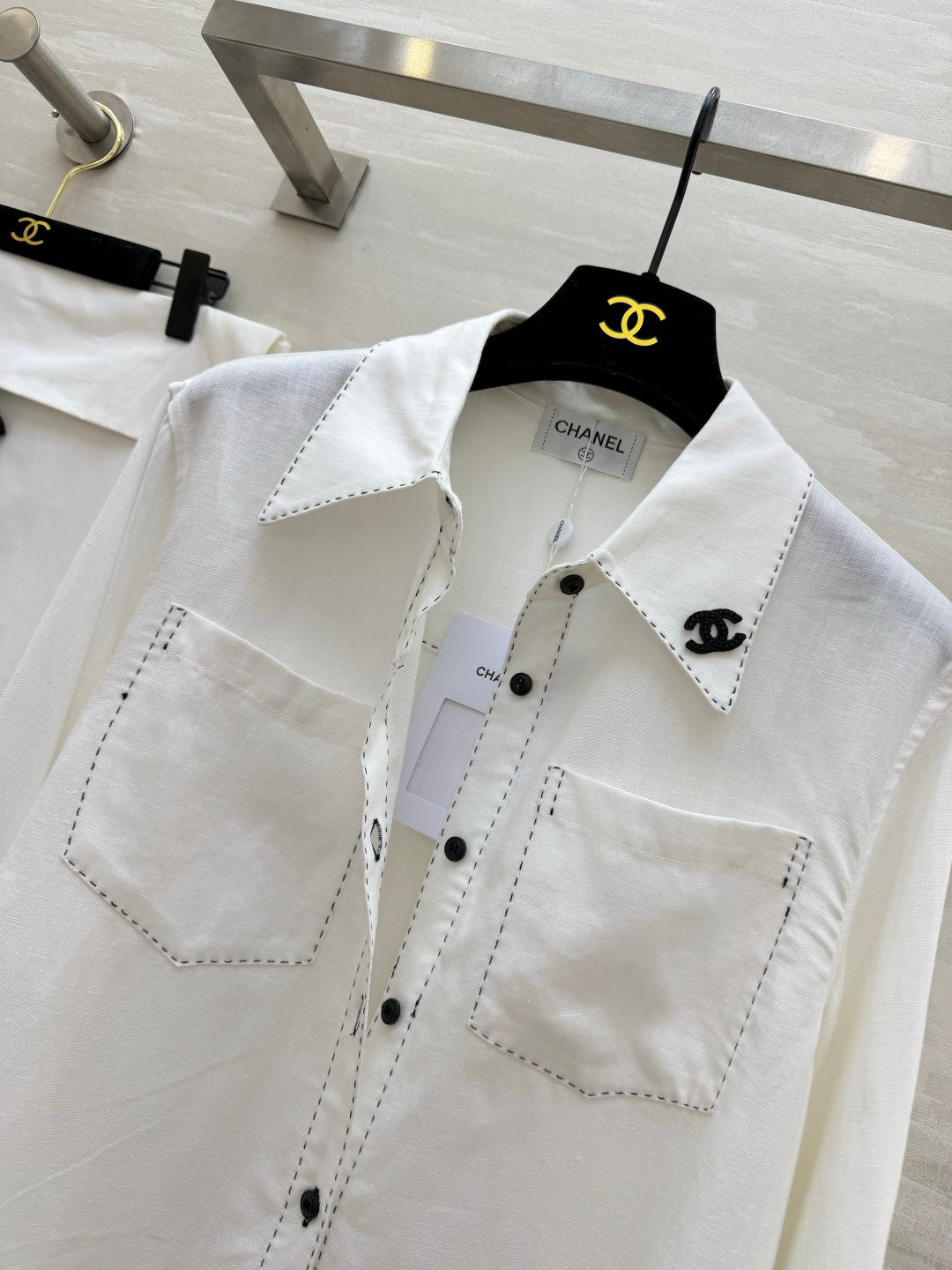 Chanel 2026 Black Logo And Button Shirt White Cotton 391171