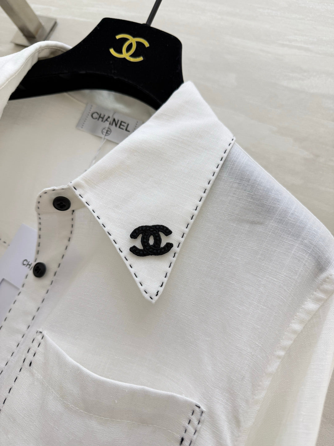 Chanel 2026 Black Logo And Button Shirt White Cotton 391171