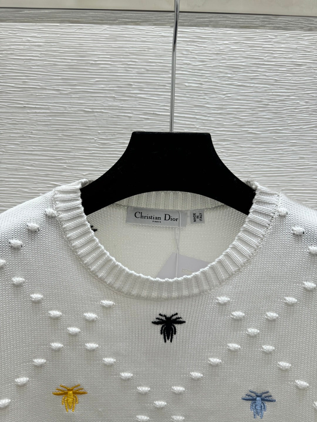 Dior 2026 Bee Round Neck Knitted Short Sleeve T-shirt Blue and White Wool