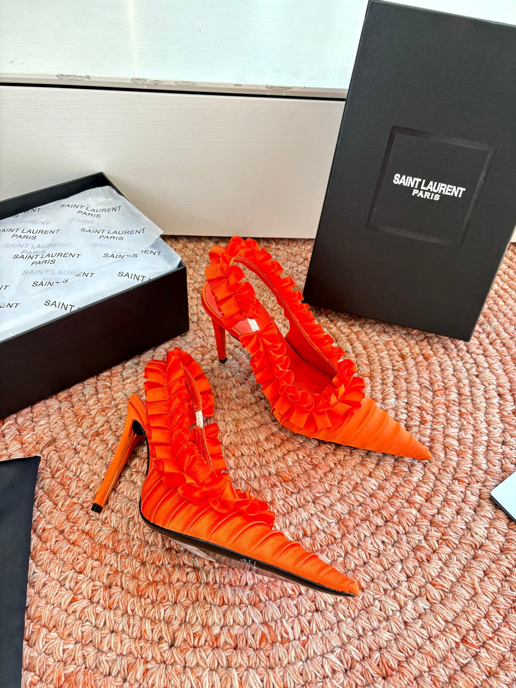 YSL 26ss Slingback Orange Silk Leather 648837