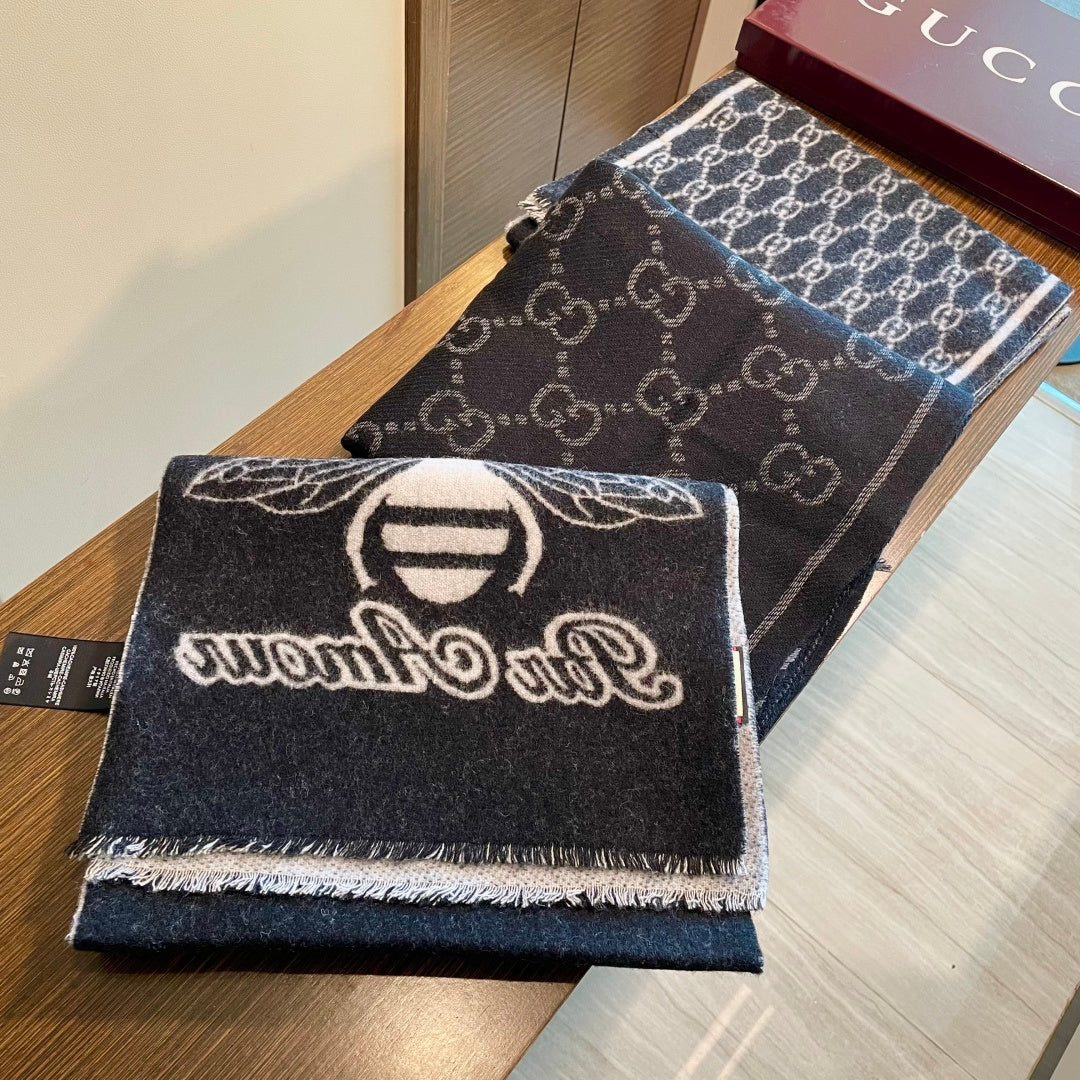 GG Double G Jacquard Scarf 180CM  Black Wool 283099