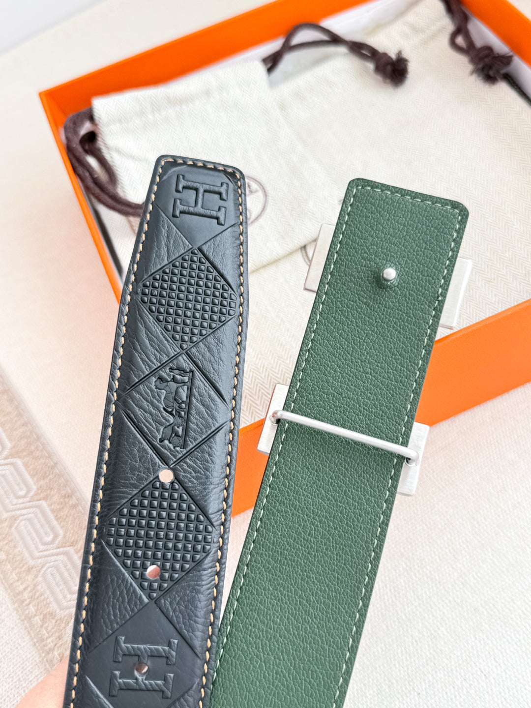 HM Constance Belt 38mm Black Green Cowhide Sliver Buckle 620241