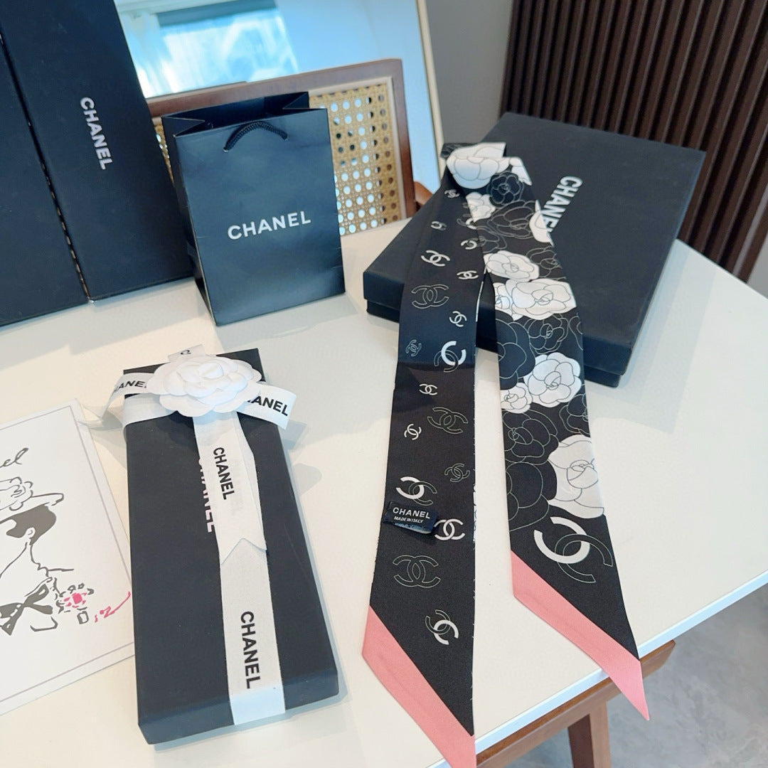 CC  Twilly Mini Scarf 120cm Black Pink Mulberry Silk 953290