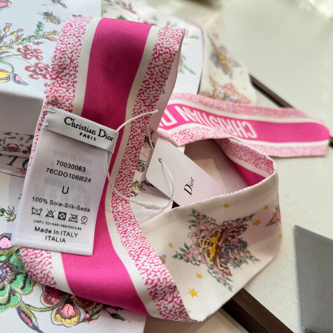 CD Twilly Mini Scarf 105cm White Dark Pink Mulberry Silk 969064